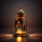 Decorated lantern with a mosque tower. On a dark background. Lantern as a symbol of Ramadan for Muslims