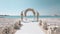 Decorated luxury wedding ceremony place at the beach white sand beautiful sea and sky with White empty chairs and arch decorated