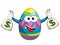 Decorated mascot easter egg holding sacks of money isolated