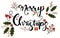 Decorated MERRY CHRISTMAS text december with gift, flowers and leaves and more. Creative typography for Holidays Greeting Card