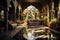 Decorated Moroccan Riad courtyard, featuring colorful tiles, lush plants, and a central fountain, conveying the tranquil and