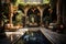 Decorated Moroccan Riad courtyard, featuring colorful tiles, lush plants, and a central fountain, conveying the tranquil and
