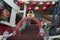 Decorated with New Year`s toys entrance to the shopping center. Cute little animals welcom
