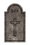 Decorated, oval granite tombstone on white background with engraved R.I.P. lettering and cross