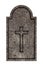 Decorated, oval granite tombstone on white with engraved cross