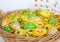 Decorated painted eggs for Easter with children\'s drawings in basket