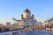 The decorated Patriarchal Bridge and the Cathedral of Christ the Savior in Moscow in January