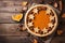 Decorated pumpkin tart for Halloween, copy space