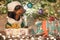 Decorated small dog breed dachshund in Santa`s cap and green jacket, with gifts on a background festive jewelry Christmas tree