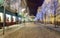 Decorated street in city Ostrava leading to Masaryk square (Masarykovo namesti) at night