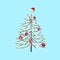 Decorated with toys Christmas tree on a light blue background. New Year decoration illustration