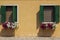 Decorated windows with vase of flowers