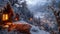 Decorated wooden bedroom, window frame divided into many panels, cozy fireplace , the backdrop reveals a mesmerizing snowy village