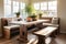 Decorating a beautiful dining nook of Contemporary Rustic Style Cozy Bench Seating. AI Generated