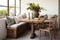 Decorating a beautiful dining nook of Contemporary Rustic Style Cozy Bench Seating. AI Generated