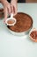 Decorating chocolate cake with cocoa powder