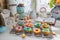 Decorating sweet donuts in the rustic kitchen