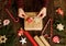 Decoration of a Christmas gift with winter shaped holiday cookies and biscuits arranged using festive sugar icing on wooden table