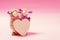 Decoration couple sheep doll and heart on pink background