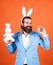 decoration easter egg. male funny egg hunt. bearded man in formalwear and hare ears. elegant businessman wear elegant