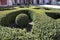 Decoration in the form of a cross and balls in it from boxwood in the courtyard of the church