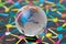 Decoration glass globe with Europe map on blackboard of colorful connecting dot as financial and economics network using as Euro