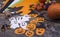 Decoration for Halloween Party - handcraft scary pumpkins, black hats, bats, flying scary poltergeists, pumpkin vegetable, flowers