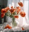 decoration red poppy beautiful bouquet glass sunshine flower floral vase background. Generative AI.