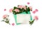 Decoration of Valentine Day. Beautiful flowers pink roses in postal envelope, pink hearts and blank sheet with space for text