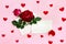 Decoration of Valentine Day. Beautiful flowers red roses in postal envelope and blank sheet with space for text and red petal