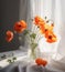 decoration vase red sunshine house bouquet flower beautiful poppy floral background. Generative AI.