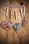 Decoration on Wooden background with fabric Hearts and words Val