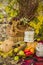 Decorations for autumn picnic in forest. Retro photo in nature. Autumn warm days. Indian summer. rustic autumn still life. Harvest