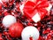 Decorations with red and white tinsel chistmas background