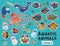 Decorative aquatic animals and fishes set. Colorful vector childish patches