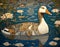 Decorative art nouveau illustration of a goose in an ornate decorative water setting