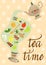 Decorative background with kettle, cup of tea and fruit, spice and mint. Vector illustration