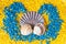 Decorative Background with Small Blue and Yellow Pebbles and Shells.