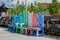 Decorative beautiful benches in the form of old chairs. Wooden benches in the Park