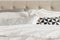 Decorative bedding pillows in grey, white, black, gold and white bedding. Beige fabric tufted headboard in the background. Fluffy