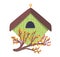 Decorative bird handmade house, home for wildlife character poultry isolated on white, cartoon vector illustration. Cozy