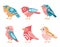 Decorative birds. Cute colorful animals with beautiful ethnic ornament. Bright feathered characters wit