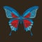 Decorative blue and red butterfly. Isolated on dark brown background. Vector embroidery element for patches, badges and stickers