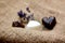 Decorative Blurred Background with Set of Heart Soaps and Lavender Twigs on Jute Underlay