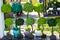 Decorative bonsai trees in a showcase on the flower market.