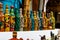 Decorative bottles on a shelf in Puerto Quetzal, Guatemala.