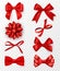 Decorative bows. Realistic red silk ribbons with bow festive decor satin rose, elements holiday packaging, elegant gift