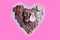 Decorative bride dress and groom black tuxedo clamps together on pile with heart-shaped of american  coins on pink background