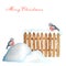Decorative brown wooden fence in winter with snow and Bullfinch bird couple and snowdrifts. Front view, arrow head