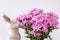 Decorative bunny sniffing a bouquet of pink chrysanthemums, against a white background